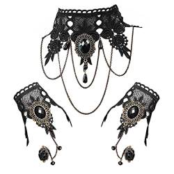 Jurxy Gotisch Choker Halskette Armbänder Schmuck 3 PCS Halsband Ketten Victorian Steampunk Retro Zahnräder Spitze Vampir Armband für Halloween Ostern Lolita Spitze Schwarz Geschenk von Jurxy