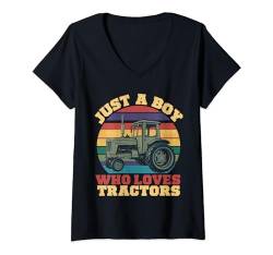 Damen Just A Boy Who Loves Tractors Farm Jungen Kinder lustige Traktoren T-Shirt mit V-Ausschnitt von Just A Boy Who Loves Tractors tees
