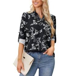 Justay Comf Damen Bluse 3/4 Ärmel V-Ausschnitt Tunika Blusenshirt Elegant Langarm Tops Business Lässige Hemd Schwarz Druck Chiffon Bluses von Justay Comf