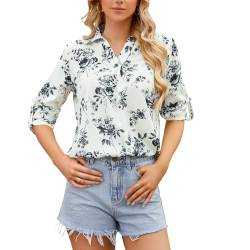 Justay Comf Damen Bluse 3/4 Ärmel V-Ausschnitt Tunika Blusenshirt Elegant Langarm Tops Business Lässige Hemd Weiß Druck Chiffon Bluses von Justay Comf