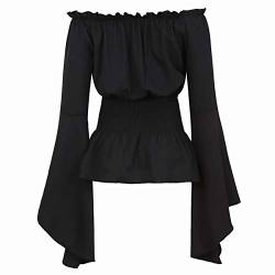 Mittelalter Kleidung Damen Bluse Trompetenärmel Kostüm Gothic T-Shirt Tops elegant sexy Vintage RETR Halloween Cosplay schwarz 6XL von Jutrisujo