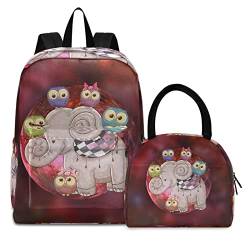 Eulen Vogel Elefant Büchertasche Lunchpaket Set Schulter Rucksacks Bookbag Kinderrucksack Isolierte Lunchbox-Tasche für Mädchen Jungs von KAAVIYO