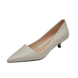 S7121 Damenschuhe aus echtem Leder, spitzer Zehenbereich, dünner Absatz mit niedrigem Absatz, handgefertigte Pumps für Damen, Beige, 39 EU von KAGAA