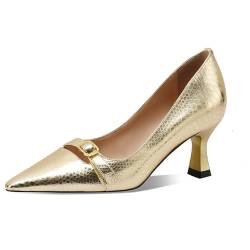 H3354s Damen-Pumps aus echtem Leder, spitzer Zehenbereich, dünner Absatz mit mittlerem Absatz, 5,5 cm, bequem, handgefertigt, Gold, 42.5 EU von KAGAA