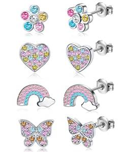 KALVICA 4 Paar Hypoallergene Ohrstecker Ohrringe für Damen Mädchen 316L Edelstahl Zirkon Herz Schraubverschluss Ohrring Blume Mehrfarbiger Schmetterling Piercing Ohrringe Set von KALVICA