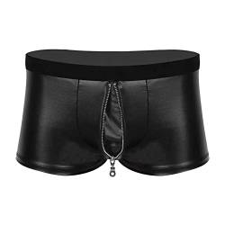 KAMEIMEI Herren Boxershorts Leder Optik Vinyl Wetlook sexy Unterwäsche, Reizwäsche für Männer, Clubwear Shorts Pants Front Pouch mit Druckknöpfe Schwarz Latex ähnlich Dessous Unterwäsche von KAMEIMEI