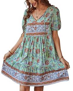 KANDEMY Damen Boho Sommerkleider Blumen Kurzarm Retro Mini Strandkleider mit V-Ausschnitt Blumenmuster Minikleid Volant Kleid Vintage Geblümte Sommer Kleider für Frauen Grün XL von KANDEMY