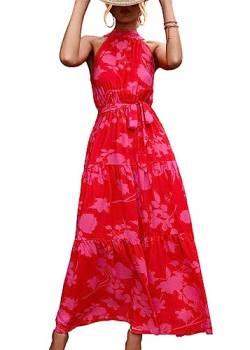 KANDEMY Damen Sommerkleid Ärmellos Neckholder Kleid Lang Schulterfreies Maxikleid Strandkleid Boho Blumenkleid für Frauen Freizeit Urlaub Rosenrote Blumen XL von KANDEMY