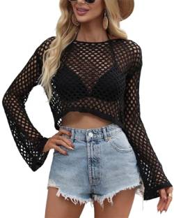 KANDEMY Damen Strickpullover Langarm Mesh Top Sexy Bluse Netz Crop Freizeit Oberteil Bikini Rundhals Cover Up Shirt Netzoberteil Oktoberfest Hollow Out Clubwear Casual Schwarz M von KANDEMY