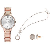 KARMA Schmuckset Geschenkset Damen Roségold Similistein Halskette Ohrstecker Armbanduhr (Halskette Damenhalskette, Damengeschenkset Quarzuhr Uhr Ohrringe), Modern Damenschmuck in Geschenkbox Damenhalskette Metall von KARMA