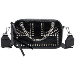 KASFDBMO Punk Motorrad PU Leder Umhängetasche mit verstellbarem breitem Riemen, modische Nieten, verzierte Kette, Crossbody-Tasche, Schwarz von KASFDBMO