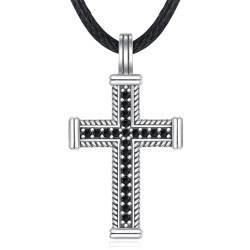 KATHLU Herren Kreuz Halskette, 925 Sterling Silber Kreuz Halskette für Männer Schwarzes Leder Halskette Katholisch Religiös Christlich Schmuck Geschenke von KATHLU