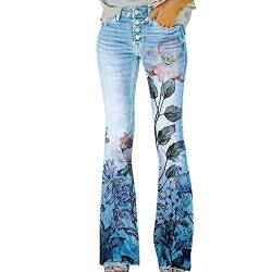 KBOPLEMQ Bequeme Jeans Damen High Waist Schlaghose mit Blumenmuster Freizeithose Baggy Jeans Damen Stretch Bootcut Jeanshose Freizeithose Schlaghose Jeans mit Blumendruck und Kunstdruck von KBOPLEMQ