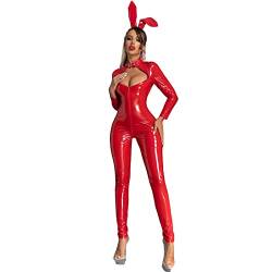 KBOPLEMQ Damen Wetlook Body Frauen Latex Catsuit Lack Leder Overall Lange Ärmel Schwarz Leder Slim Fit Bunny Kostüm Body verführerischer Einteiler mit Reißverschlusss, Sexy Bodysuit, Schwarz von KBOPLEMQ