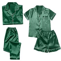 KBOPLEMQ Satin Pyjama Damen Kurz 4-Teiliges Schlafanzug Kurzarm Nachtwäsche Hemd and Shorts Set Frauen Pjs Sets Hausanzug Loungewear Homewear Set Frauen Bequeme Weich Hauseanzug Sleepwear von KBOPLEMQ