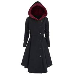 KBOPLEMQ Winterjacke Damen Gothic Mittellange Hoodie Kleid Herbst Winter Gefüttertes Fleece Mantel mit Kapuze Einreihige Wintermantel Retro Mantel Party Kleid Vintage Asymmetrische Faltenrockjacke von KBOPLEMQ