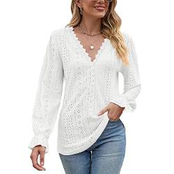 Damen Langarmshirt Langen Ärmeln Elegant Spitzen Damen Tshirt Elegante Bluse V-Ausschnitt Damen Oberteil Top Damen Tunika T-Shirt (Weiß M) von KBRPEY