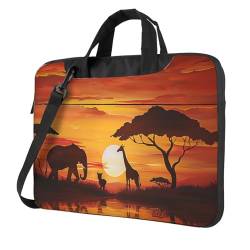 Laptop-Umhängetasche mit Elefant und Giraffe im Sonnenuntergang, stoßfest, wasserdicht, Laptop-Umhängetasche, Aktentasche, Schwarz , 13 inch von KCGSDEGV