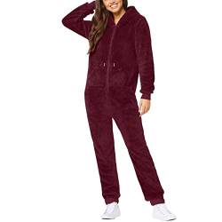 Einfarbig Damen Overall Flauschig Jumpsuit Winter Warm Einteiler Onesie Langarm Schlafanzug Elegant Langarm Schlafoverall mit Kapuze Reißverschluss Hausanzug Plüsch Pyjama Teddy Anzug von KDEIHT