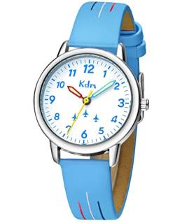 KDM Kinderuhr Mädchen Jungen Lernuhr Kinder Armbanduhr Analog Quarz Leder Leuchtend Wasserdicht Uhr Zeit Lehrer, Geschenke für Kinder 3-12 Jahre, Hellblau von KDM