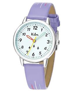 KDM Kinderuhr Mädchen Lila Lernuhr Kinder Armbanduhr Analog Quarz Leder Leuchtend Wasserdicht Uhr Zeit Lehrer, Geschenke für Kinder 3-12 Jahre von KDM