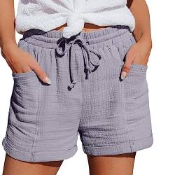 Damen Shorts Sommer Mode Lässige Musselin Hose mit hoher Taille Gerades Bein Gummiband Freizeit Shorts Elastische Stoffhose Sport Lässige Lockere Shorts mit Kordelzug Kurze Hose mit Taschen von KEIZHUONIQIU