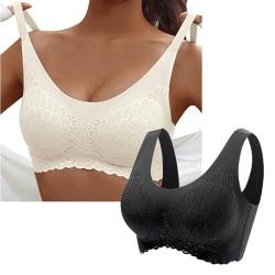 KEIZHUONIQIU 2er Pack BH Damen Ohne Bügel Push Up Seamless Komfort Sport BH Gepolstert Spitzen Bra Weich Nahtlos Stretch Bustier Mittel Halt Bügelloser Schlaf Frauen BH Klassische Top für Alltag Yoga von KEIZHUONIQIU