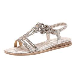 KEIZHUONIQIU Flache Sandalen Damen Große Größen Strass Bohemia T-Riemen Frauen Sandalen Elegant Weichen Sohlen Sommerschuhe Gummiband Slingback Sandalen Elegante schöne Sandalen Mädchen Strandschuhe von KEIZHUONIQIU