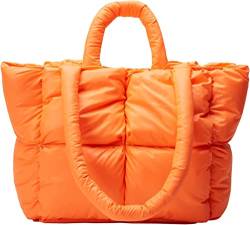 KEJAN Gepolsterte Schultertasche für den Winter, Daunen, Baumwolle, Puffer-Tragetasche für Damen, gesteppt, geschwollene Handtasche, leichte Einkaufstasche (Farbe: Orange) von KEJAN