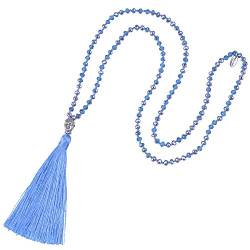 KELITCH Kristall Silber Buddha Perlenkette Handgemachte Lange Quaste Anhänger Halsketten Y-form Boho Style (Hellblau) von KELITCH