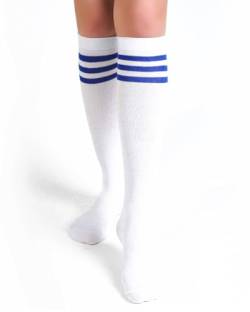 KGDUYC 1 Paar Kniestrümpfe Damen Winter Hohe Socken Damen Warme Lange Socken Damen Thermo Lange Strümpfe Weiße blaue Streifen Einheitsgröße von KGDUYC