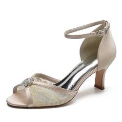 KJCQGQTZ Damen-Glitzer-Hochzeitsschuhe Für Braut Offener Peep-Toe Klobige Absätze Brautschuhe Kristall Mittlerer Kitten-Absatz Knöchelriemen Abschlussball-Abendparty Kleidschuhe,Apricot2,39 EU von KJCQGQTZ