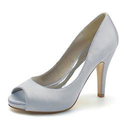 KJCQGQTZ Damen-High-Heels Plateau-Sandalen Peep-Toe spitzer Stiletto-Absatz Brautkleid Hochzeitsschuhe Satin Slip-on Abend Party formeller Abschlussball Büro Brautjungfern-Pumps,Silber,39 von KJCQGQTZ