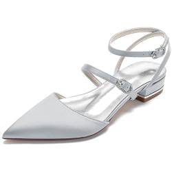 Frauen Niedriger Absatz Slingpumps Damen Blockabsatz Geschlossener Spitzer Zeh Hochzeitsschuhe Satin-Strass Riemenschnalle Pumps Komfort Mode Party Kleid Flache Sandalen,Silver7,43 EU von KJCQGQTZ