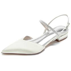 KJCQGQTZ Slingback-Hochzeitsschuhe Damen Kitten-Heel-Satin Niedrige Abendschuhe Braut Chunky Heel Abendgesellschaft Spitzschuh Mit Knöchelriemen Strasssteine Anziehen Sandalen,Ivory5,39 EU von KJCQGQTZ