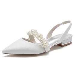 KJCQGQTZ Slingback-Hochzeitsschuhe Damen Kitten-Heel-Satin Niedrige Abendschuhe Braut Chunky Heel Abendgesellschaft Spitzschuh Mit Knöchelriemen Strasssteine Anziehen Sandalen,White8,41 EU von KJCQGQTZ