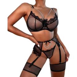 KOEMCY Dessous Set für Damen Exotische Dessous Sexy Set mit Tanga Strumpfgürtel und Beinbänder Mesh Dessous Bodysuit Unterwäsche Nachtwäsche Babydoll Dessous (Schwarz, M) von KOEMCY