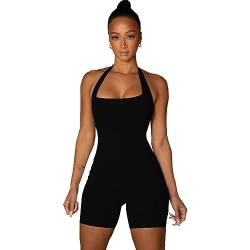 KOEMCY Jumpsuit Damen Sexy Ärmellos Rückenfrei Einteiler One Piece Overall Nahtlos Stretch Bodycon Gym Yoga Jumpsuit Shorts (Schwarz,XL) von KOEMCY