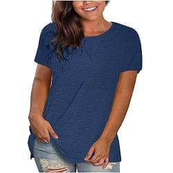 KOG Damen T-Shirt Casual Einfarbige Bluse Freizeit Baumwolle Shirt Frau Pullover Lose Einfarbig Tshirt Frauen Rundhals Basic Longbluse Angebote des Tages Heute Marine 3XL von KOG