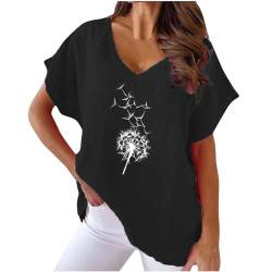 KOG Gutschein Damen Shirt Vintage Leinenbluse Tee T-Shirt Casual Kurzarm T-Shirt Frau Kleidung Oversized Grafik Drucken Tank Teenager Rundhals Sommer Longshirt Angebote des Tages Heute Schwarz XXL von KOG