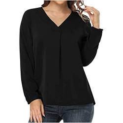 KOG Gutschein Langarmshirt für Damen Langarm Oberteil Einfarbige Blusen Casual Baumwolle Kleidung Teenager Mädchen Pullover Freizeit T-Shirt V-Ausschnitt Mode Bekleidung Prime Schwarz S von KOG