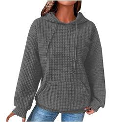 KOG Waffel Hoodie für Damen Baumwolle Sweatshirt mit Kapuze Einfarbige Kapuzenpullover Warme Bekleidung Oberteile Freizeit Kleidung Basic Frau Warm Hoodies Sale Angebote Dunkelgrau XL von KOG