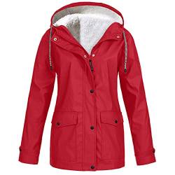 KOG Winterjacke Damen Fleecejacke Wasserdicht Regenjacke Regenmantel Windbreaker mit Kapuze Warme Outdoor Jacken Fahrradjacke Regenjacken Windjacke Wanderjacke Outlet Amazon Rot M von KOG