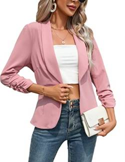 KOJOOIN Damen Blazer 3/4 Arm Jacke Business Revers Blazer Sakko mit Faltigen Ärmeln Slim Fit Blazerjacke Elegant Einfarbig Outwear Geschäft Büro Bolero Jacke (Verpackung MEHRWEG), A-Rosa, XL von KOJOOIN