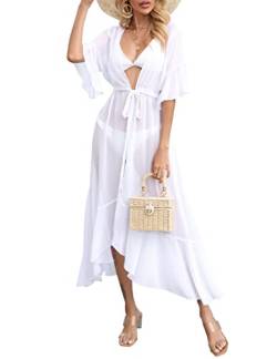 KOJOOIN Damen Strandkleid Tief V-Ausschnitt Strand Cardigan Kurzarm Leichte Pareos mit Schnürung Rüschen Bikini Cover Up Lang Sommer Beachwear (Verpackung MEHRWEG), A-Weiß, XXL von KOJOOIN