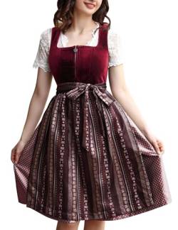 KOJOOIN Samt Dirndl für Damen Midi Trachtenkleid Set 3 teilig mit Trachtenrock Dirndlbluse Dirndlschürze für Oktoberfest Samt Weinrot 48 von KOJOOIN