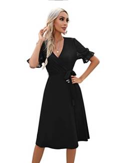 KOJOOIN Sommerkleid Damen V-Ausschnitt Kurzarm Kleider Casual Midikleid A-Linie Wickelkleid Hochzeit Festlich mit Gürtel Schwarz S （Verpackung MEHRWEG） von KOJOOIN