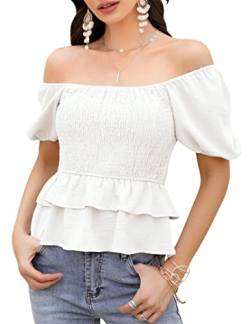 KOJOOIN T-Shirt Damen Sommer Oberteile Kurzarm gesmokes rüschenes Tunika Elegant Eckigem Ausschnitt Bluse schulterfrei Casual Top (Verpackung MEHRWEG) Weiß M von KOJOOIN