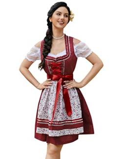 KOJOOIN Trachtenkleid Damen Dirndl - Midi Trachtenkleid kleid für Oktoberfest - Drei Teilig: Kleid, Bluse, Schürze Burgundy-Blumen 36 von KOJOOIN