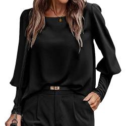 KONFEN Damen Langarm Rundhals Oberteile, Top Langarmshirt Bluse Laternenärmel mit Geknöpfte Ärmel und Knopfleiste hinten, Casual Shirts Top Elegant Herbst Winter Lockeres Hemd für Frauen, Schwarz L von KONFEN